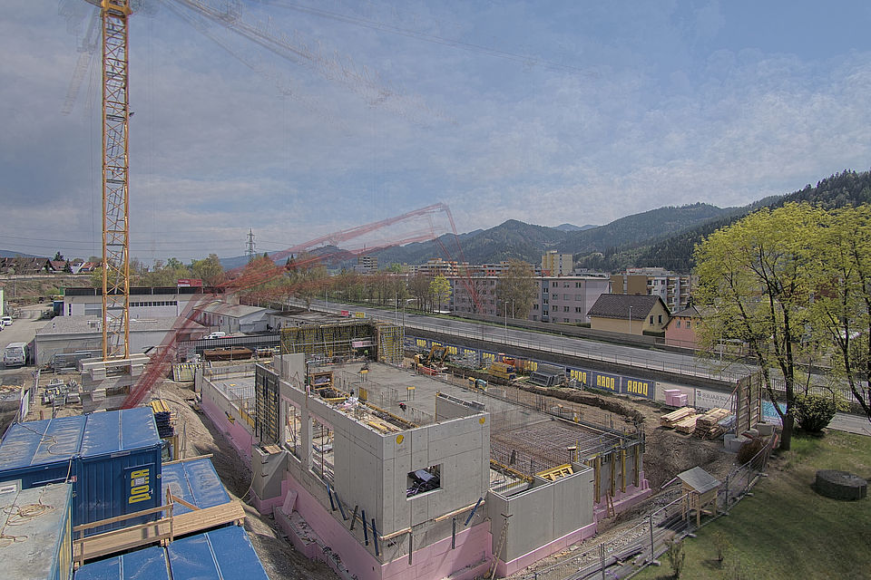 Livebild Baukamera 1 - Webcam 'Gesamtansicht von Westen' - Baustelle Neubau Wohnanlage und Ortsstelle Rote Kreuz, Am Sagacker 4, 8605 Kapfenberg (ca. 5 Minuteninterval)